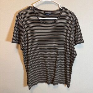 Lands' End Womens Striped T-Shirt Top Crew Neck Casual‎ Black Tan L 14-16